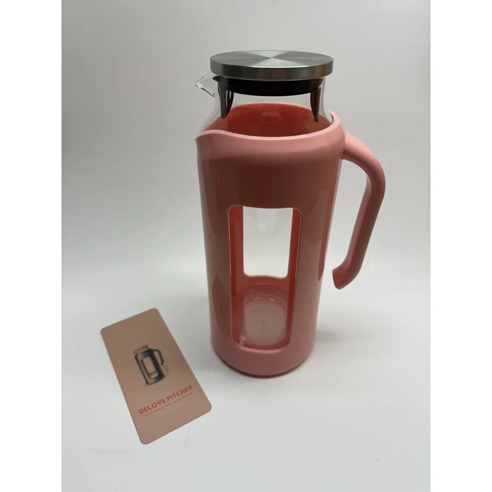 DELOVE Glass Pitcher 68 oz 2L Pink Borosilicate Stainless Lid NEW IN BOX